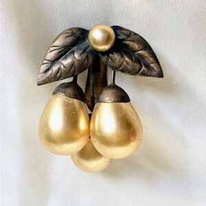 Vintage Art Deco Brass and Champagne Color Faux Pearl Fur Clip Dress Clip